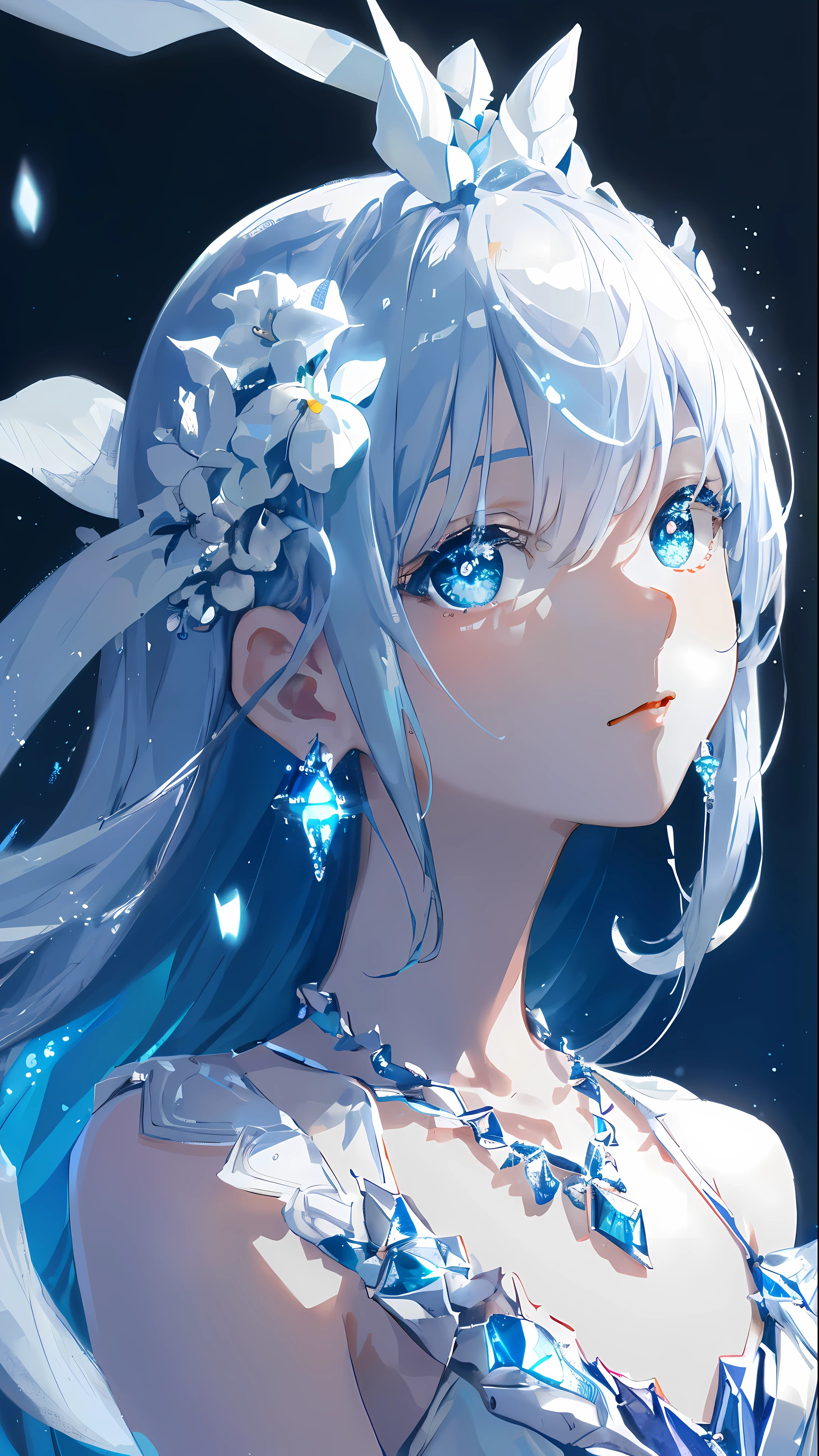 masterpiece，，illustration，saxophone blue，Platinum Earrings，Platinum Necklace，whiteskirt，1 girl，Lovely，（动态Light：1.2），Light，Exquisite facial features，exquisite eyes，sharp pupils，realistic pupils，depth of field，blurred background，sharp focus，（super detailed，Light晕，发Light：1.4），Many small gemstones