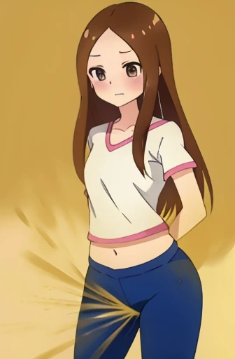 (real)、(photorealistic)、Ms. Takagi、1 woman、Height: 155cm、long hair、brown hair、bangs parting、brown eyes、White crop top、(belly exposed)、pink training pants、Black sneakers、amount、muste piece、whole body、highest quality、volume light、Highly detailed CG Unity 8K wallpaper、The background is a dance studio、Light、Fantasia、Magic Spark、women stink、fart、shyness、blush、Gas comes out of the butt、Tense the face、sweaty、whole body写真、high 、Hip Attack