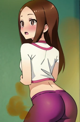 (real)、(photorealistic)、Ms. Takagi、1 woman、Height: 155cm、long hair、brown hair、bangs parting、brown eyes、White crop top、(belly exposed)、pink training pants、Black sneakers、amount、muste piece、whole body、highest quality、volume light、Highly detailed CG Unity 8K wallpaper、The background is a dance studio、Light、Fantasia、Magic Spark、women stink、fart、shyness、blush、Gas comes out of the butt、Tense the face、sweaty、whole body写真、high school student、Hip Attack