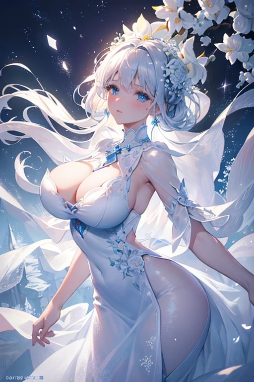 Paradise in Heaven, White lighting,(muste piece), (best quality), (cinematic), 8K, (art station),(長いwhite hairとSilvery eyesを持つ1人の女), (beautiful delicate face)、[Frozen trees々], [landscape crystal], [lighting], [Ethereal Atmosphere:1.1], [fantasy, short story] ,[soft なlighting] 、(+cinematic shot:1.2)、 [+art station] 、[+luminous white background] 、 [soft glow] 、(Creative and dynamic angles:1.3), [+Crystal Toning] 、muste piece, very detailed, Super detailed, solo, (pale skin), Silvery eyes, white hair, (snow background), (snowflake rosen flower:1.0), (shining crystal), (Snowy ground), (White lashes), sexy woman、dreamy and detailed, Gorgeous setting, 妖しい雰囲気 muste piece, The most beautiful scenes, majestic、(((full of white flowers)))、quiet and serene atmosphere、attractive, all white tones,Inside the crystal library,Transparent flowers and falling snow，Many white roses are planted,(water flowing,waterfall,water bloom),The decoration is also carefully done.,dream（very detailedです，creative design，crisp and precise lines，K HD，best quality，master piece，超High resolution，In 4K）、Diverse poses、((beautiful white flower hair ornament))、beautiful hairstyle、(best quality, In 4K, 8K, High resolution, muste piece:1.2), Super detailed, detailed expression, graceful posture, expressive brush strokes, mysterious atmosphere, artistic interpretation,Delicate floral jewelry， (((Detailed design、beautiful transparent dress、Sheer sexy dresses)))、(SFW:1.5), (oversized breasts, best body proportions, proportions of large breasts,:1.5),(white decoration on thigh)、((Beautiful accessories that wrap around your legs))。((A beautiful accessory that wraps around your wrist))