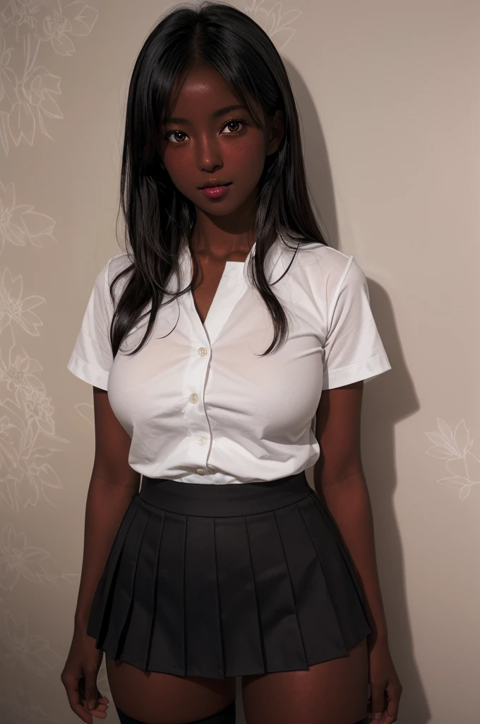 (8k ultra HD quality, best quality, art, high quality, perfect light, absurd, ultra detailed: 1.21, woman, alone, dark-skinned woman, black hair, dark skin, big breasts, sexy, Japanese school costume, portrait, black knee-high socks, sexy student, parted lips, dark eyes, looking at viewer, Japan street background, huge breasts, small sample, sexy, olive skin, dark skin, holding breasts, wallpaper, short skirt, high school girl sexy.
