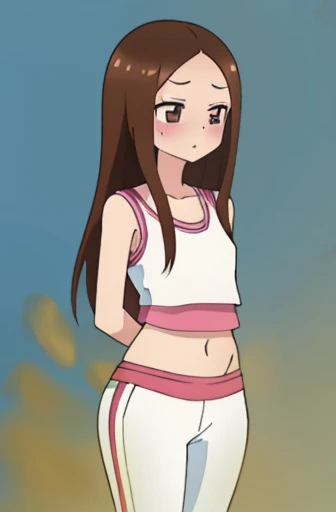 (real)、(photorealistic)、Ms. Takagi、1 woman、Height: 155cm、long hair、brown hair、bangs parting、brown eyes、White crop top、(belly exposed)、pink training pants、Black sneakers、amount、muste piece、whole body、highest quality、volume light、Highly detailed CG Unity 8K wallpaper、The background is a dance studio、Light、Fantasia、Magic Spark、women stink、fart、shyness、blush、Gas comes out of the butt、Tense the face、sweaty、whole body写真、high school student、Hip Attack
