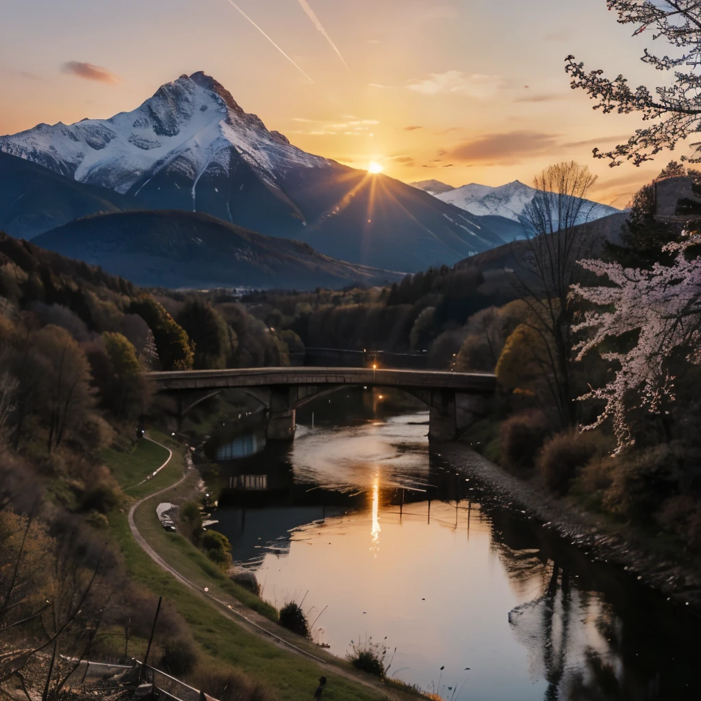 sunset behind mountain , mountain with cherry tree , river filled with blood