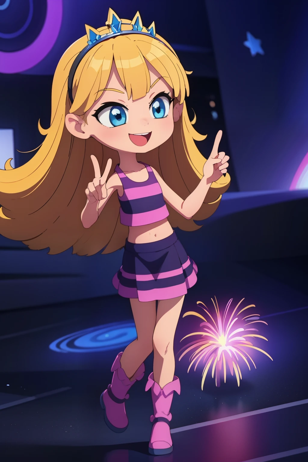 ((masterpiece, best quality)),1girl, solo,child, yellow princess tiara, penny peterson, blonde hair, hairband, blue eyes, pink sleeveless crop top, purple pleated skirt, red boots, white trimmings, a cute smile, excited, laughing, kawaii, peace sign, vibrant, rainbows, 4k, blue bubbles, stars, fireworks, best shadows, watercolor,
