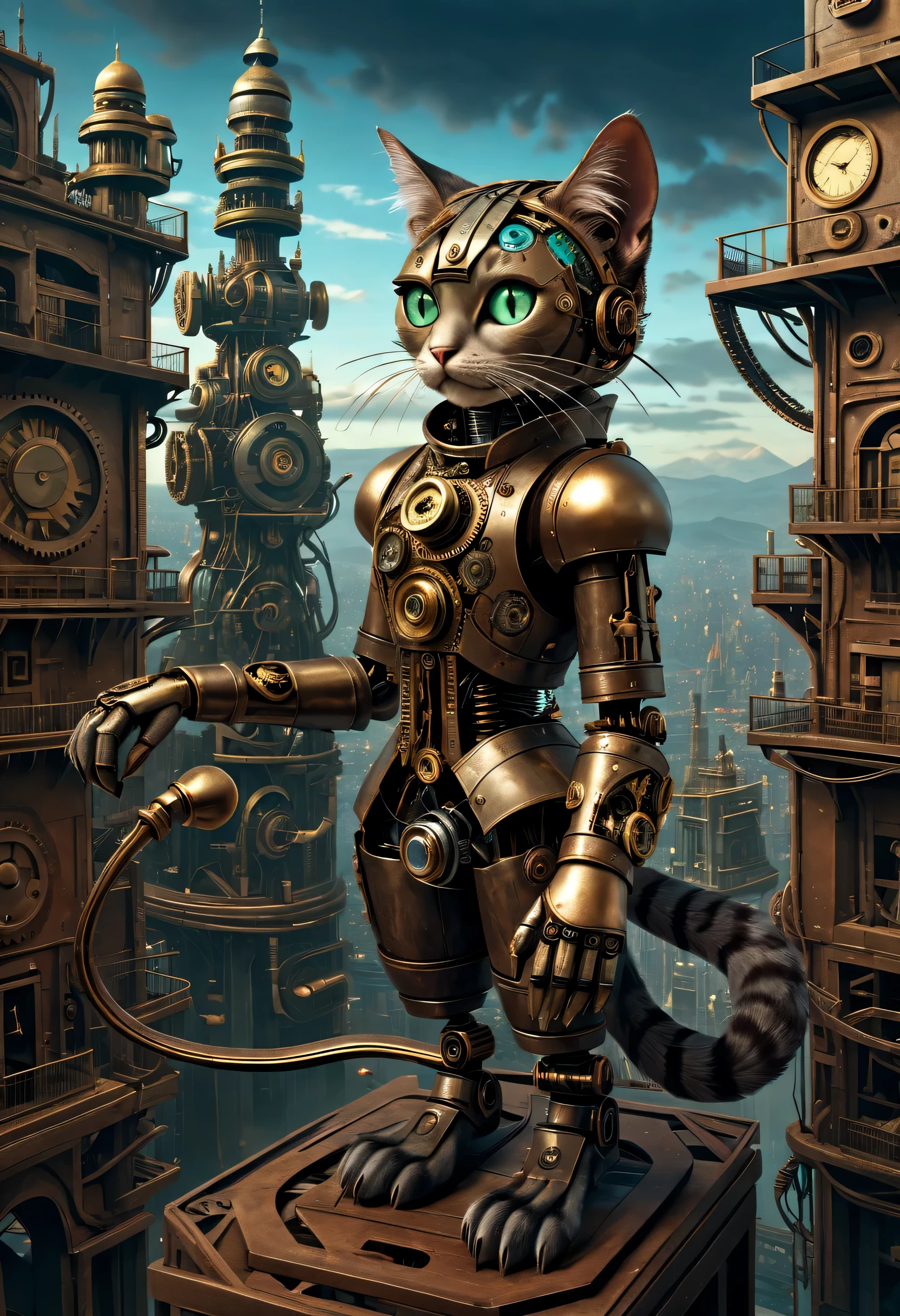 "(((Mysterious feline automaton))) navigating a surreal, steampunk landscape, metallic limbs and gears, cyberpunk cityscape in the backdrop, (enigmatic) and (intricately detailed) artwork