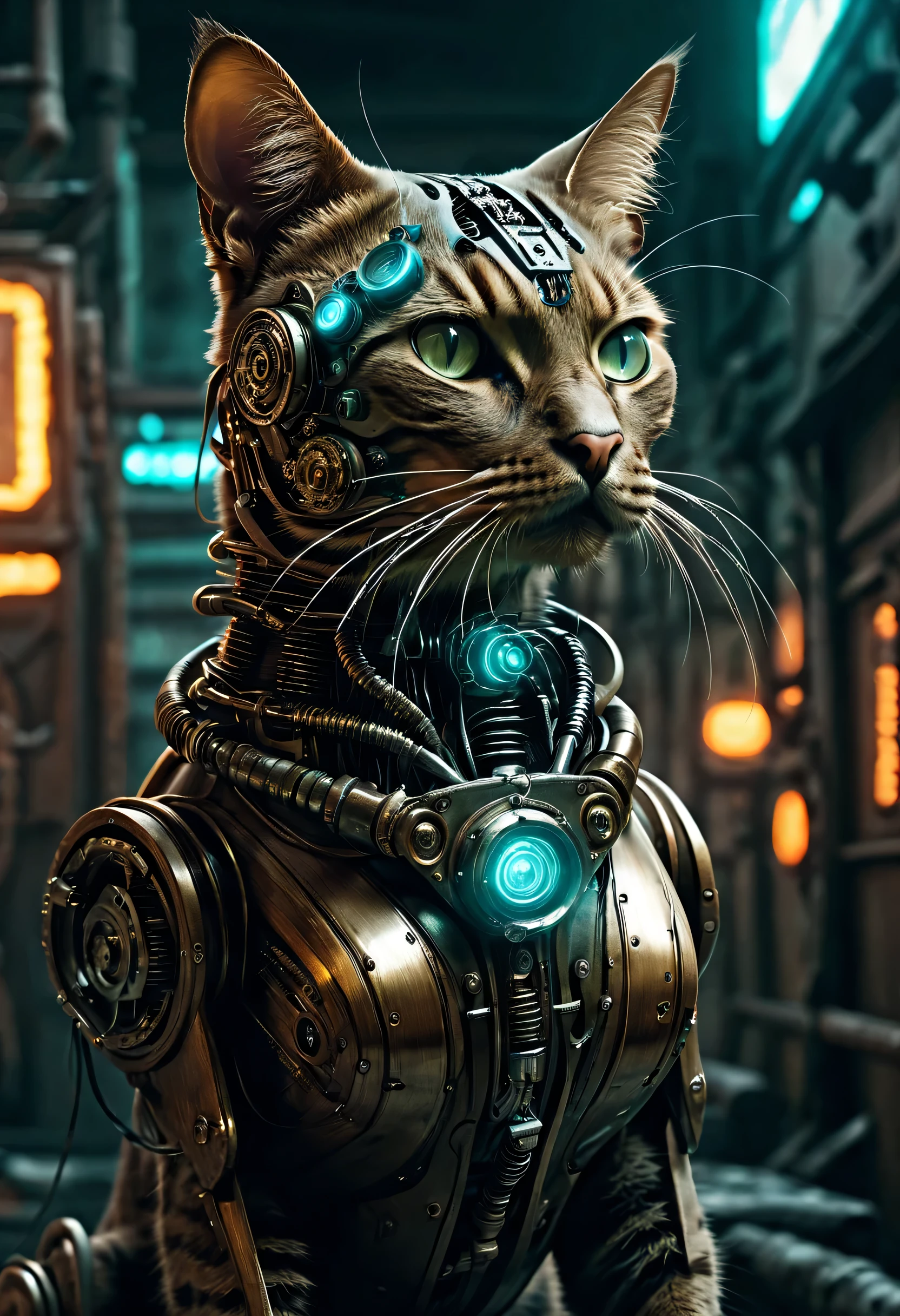 "(((Cybernetic feline))) adorned with steampunk elements, blending seamlessly into a cyberpunk environment, (mysterious) and (dystopian) ambiance, (masterpiece) of digital art