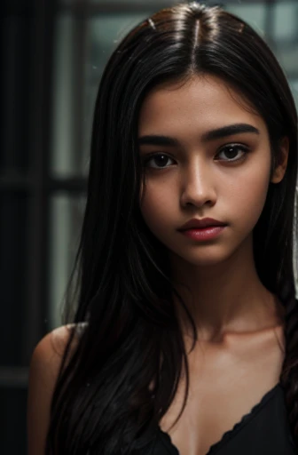 (masterpiece, sharp: 1),(1girl, solo:1.1), highly detailed face, beautiful face, (realistic face), beautiful hairstyle, perfecteye, amber eyes, (realistic skin), beautiful skin, ultra high res, ultra realistic, (pureerosface_v1:0.2), (dark Persian teen:1.4), (age 14-16, pretty girl:1.5), small nose, very skinny, slender chest, slim thighs, slim legs, small hip, little head, cute face, wearing black rope, (dark hair, long hair), (ally way:1.2), (looking away:0.3), hands behind head, (from side:0.8), standing