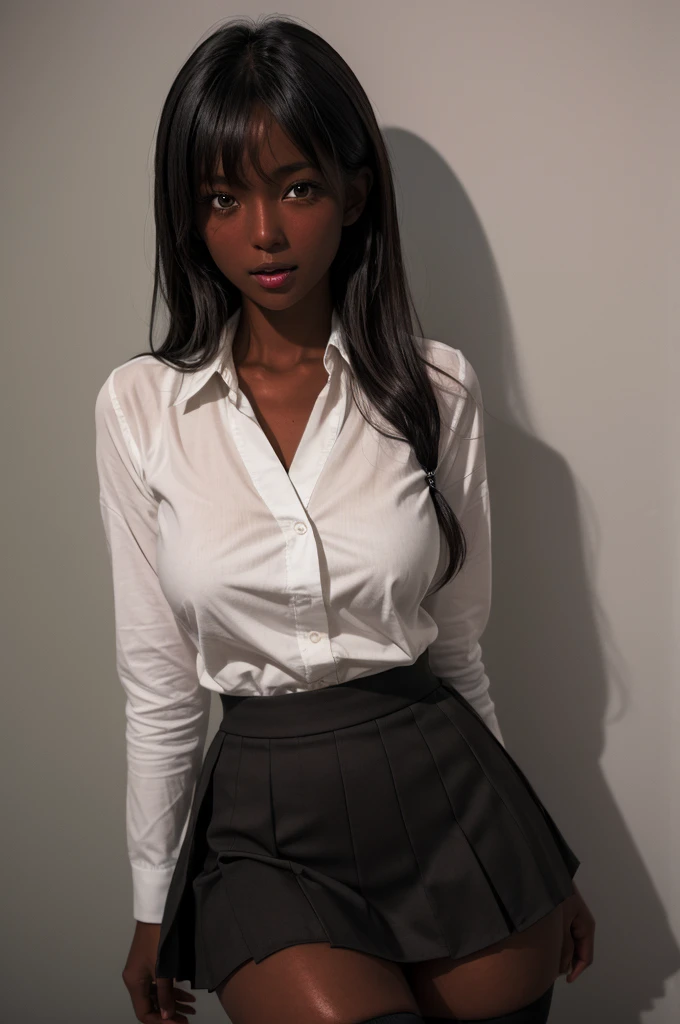 (8k ultra HD quality, best quality, art, high quality, perfect light, absurd, ultra detailed: 1.21, woman, alone, dark-skinned woman, black hair, dark skin, big breasts, sexy, Japanese school costume, portrait, black knee-high socks, sexy student, parted lips, dark eyes, looking at viewer, Japan street background, huge breasts, small sample, sexy, olive skin, dark skin, holding breasts, wallpaper, short skirt, high school girl sexy.