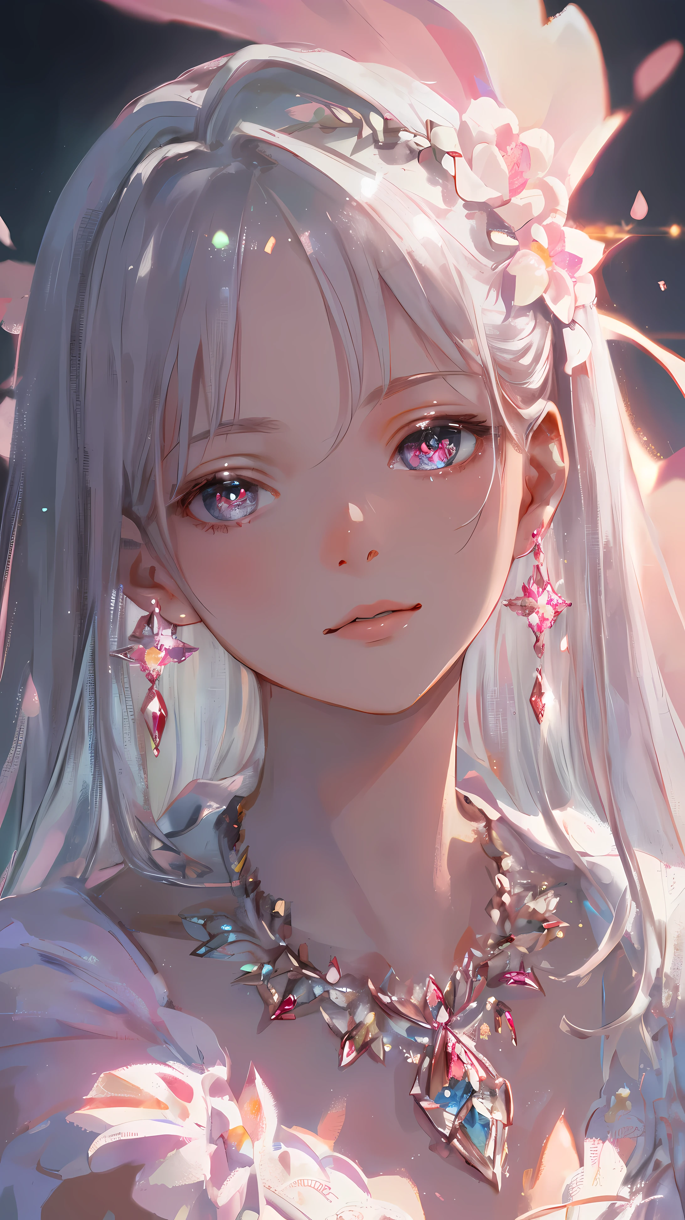 masterpiece, best quality, illustration, Gorgeous pink, Platinum Earrings, Platinum Necklace, white dress, 1 girl, charming, (dynamic lighting:1.2), Cinema lighting, Exquisite facial features, exquisite eyes, sharp pupils, realistic student, depth of field, Bokeh, sharp focus, (super detailed, bloom, glow:1.4), Many small gemstones
