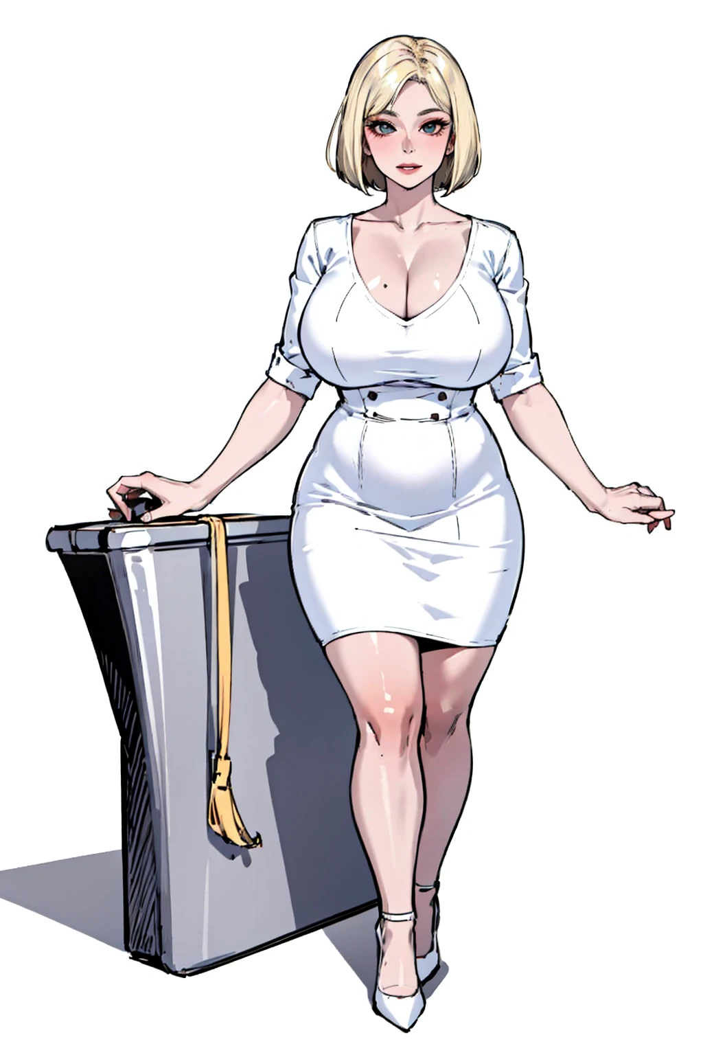 natural makeup, big tits, seductive, motherhood, at_the_CEO_office, looking at the audience, sexy, full body, CEO lady, (mature woman, milf: 1.1), solo, (curve: 1.1), milf, modern office background, high heels, blonde hair, bob haircut, nfsw, stand, white tube dress, white short skirt,