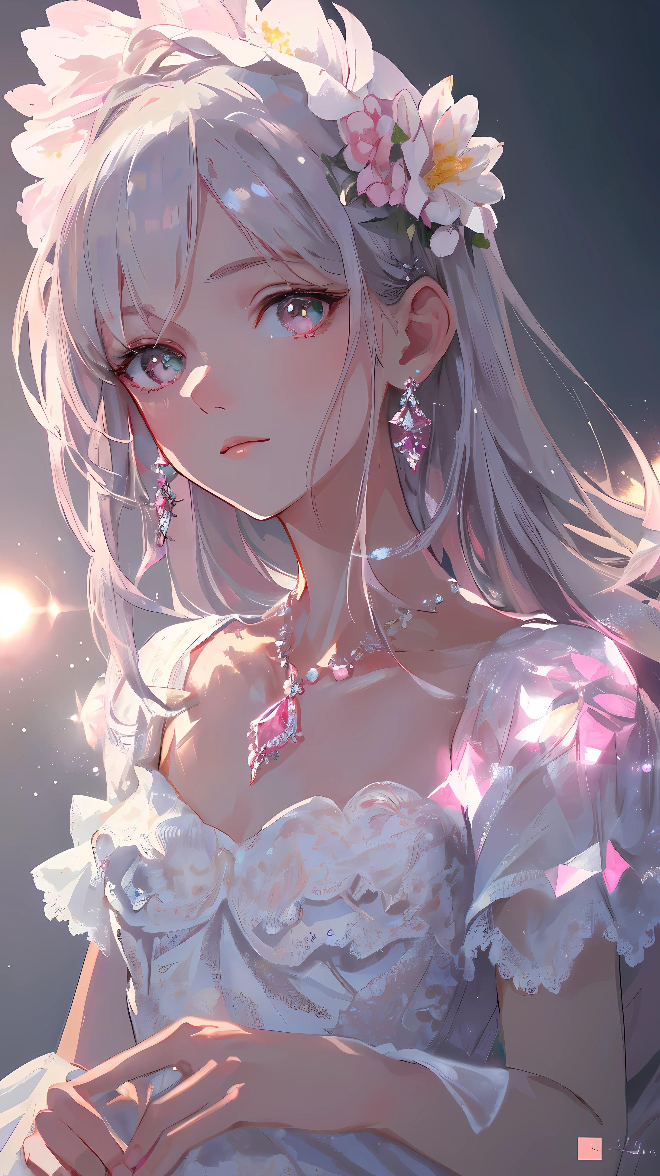 masterpiece, best quality, illustration, Gorgeous pink, Platinum Earrings, Platinum Necklace, white dress, 1 girl, charming, (dynamic lighting:1.2), Cinema lighting, Exquisite facial features, exquisite eyes, sharp pupils, realistic student, depth of field, Bokeh, sharp focus, (super detailed, bloom, glow:1.4), Many small gemstones