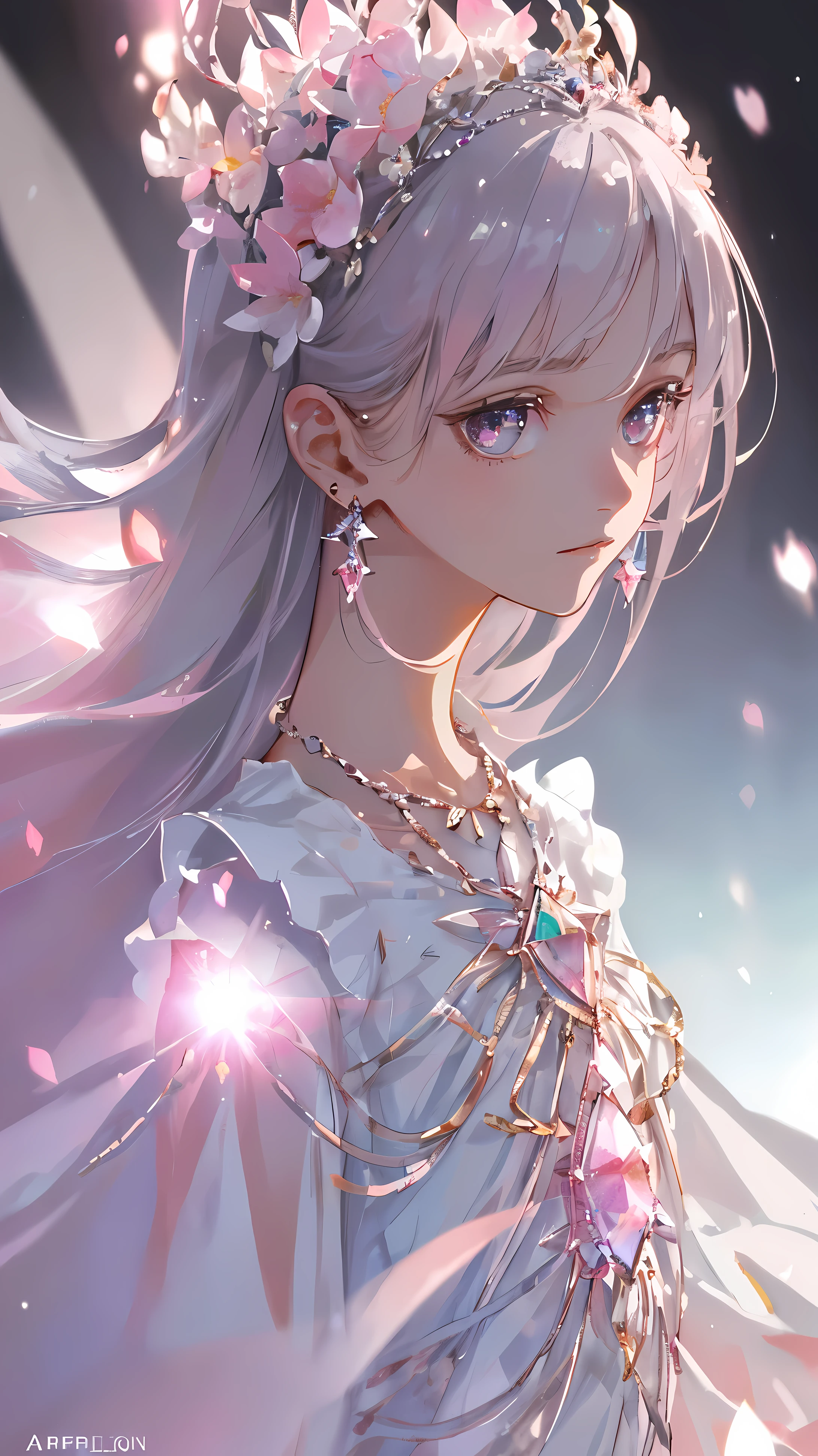 masterpiece, best quality, illustration, Gorgeous pink, Platinum Earrings, Platinum Necklace, white dress, 1 girl, charming, (dynamic lighting:1.2), Cinema lighting, Exquisite facial features, exquisite eyes, sharp pupils, realistic student, depth of field, Bokeh, sharp focus, (super detailed, bloom, glow:1.4), Many small gemstones