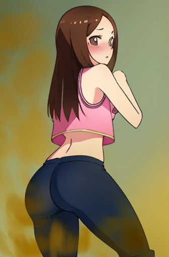 (real)、(photorealistic)、Ms. Takagi、1 woman、Height: 155cm、long hair、brown hair、bangs parting、brown eyes、White crop top、(belly exposed)、pink training pants、Black sneakers、amount、muste piece、whole body、highest quality、volume light、Highly detailed CG Unity 8K wallpaper、The background is a dance studio、Light、Fantasia、Magic Spark、women stink、fart、shyness、blush、Gas comes out of the butt、Tense the face、sweaty、whole body写真、high school student、Hip Attack