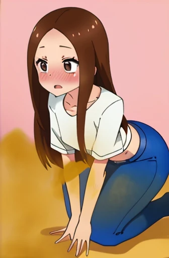 (real)、(photorealistic)、Ms. Takagi、1 woman、Height: 155cm、long hair、brown hair、bangs parting、brown eyes、White crop top、（belly exposed）、pink training pants、Black sneakers、amount、smile、muste piece、whole body、highest quality、volume light、Highly detailed CG Unity 8K wallpaper、The background is a dance studio、Light、Fantasia、Magic Spark、women stink、fart、shyness、blush、Gas comes out of the butt、Tense the face、sweaty、whole body写真