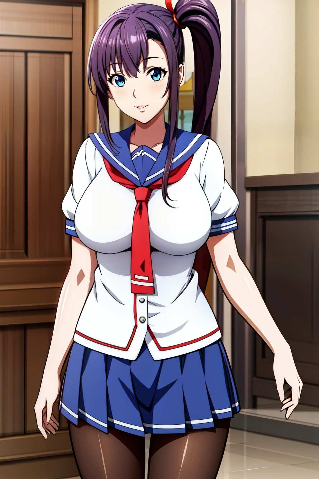 perfect eyes:1.2, detailed eyes:1.4, Blue sailor collar, school uniform, skindentation, cowboy shot, pantyhose, serafuku, short sleeves, Red neckerchief, White shirt, Blue eyes, Purple hair, bangs, side ponytail, Hair ornament, 20yo, Young female, Beautiful Finger, Beautiful long legs, Beautiful body, Beautiful Nose, Beautiful character design, perfect balance, smile, 1girl, solo, (masterpiece:1.6, best quality), 8k, insane details, intricate details, hyperdetailed, hyper quality, high detail, ultra detailed, professional, HDR, ray tracing reflection, cinematic lighting,