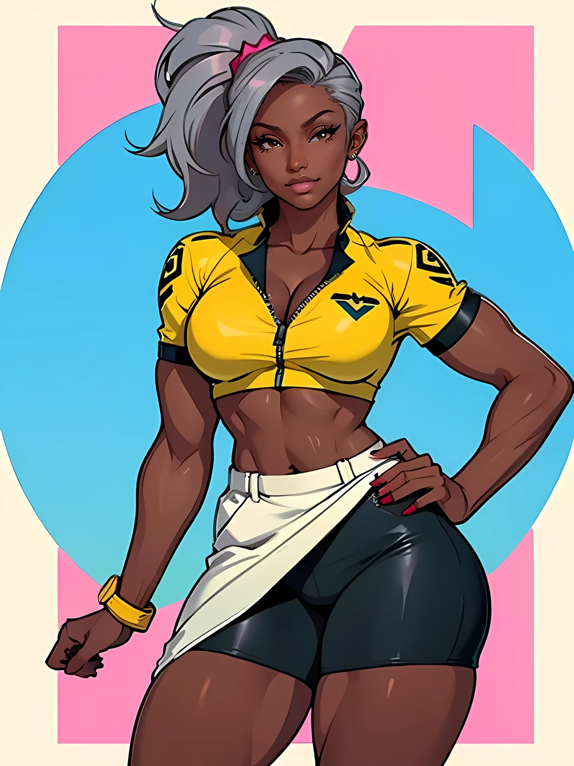 (high quality, best rendering), ((dark skin)), (beautiful girl), gray hair, (bombshell, pin-up style), sexy pose, 2 piece outfit, pastel, centered, scale to fit dimensions