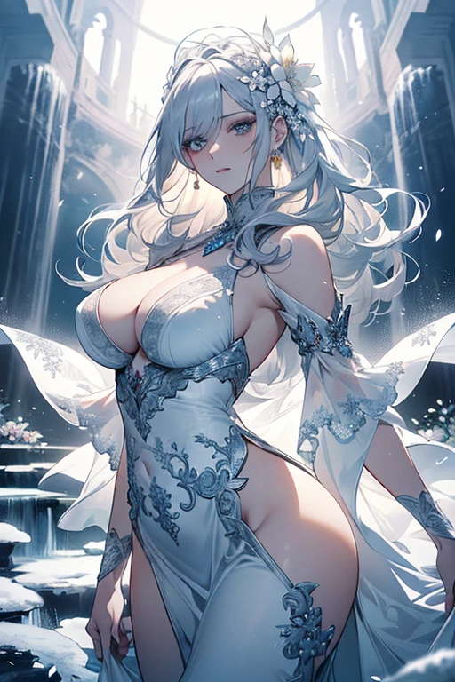 Paradise in Heaven, White lighting,(muste piece), (best quality), (cinematic), 8K, (art station),(長いwhite hairとSilvery eyesを持つ1人の女), (beautiful delicate face)、[Frozen trees々], [landscape crystal], [lighting], [Ethereal Atmosphere:1.1], [fantasy, short story] ,[soft なlighting] 、(+cinematic shot:1.2)、 [+art station] 、[+luminous white background] 、 [soft glow] 、(Creative and dynamic angles:1.3), [+Crystal Toning] 、muste piece, very detailed, Super detailed, solo, (pale skin), Silvery eyes, white hair, (snow background), (snowflake rosen flower:1.0), (shining crystal), (Snowy ground), (White lashes), sexy woman、dreamy and detailed, Gorgeous setting, 妖しい雰囲気 muste piece, The most beautiful scenes, majestic、(((full of white flowers)))、quiet and serene atmosphere、attractive, all white tones,Inside the crystal library,Transparent flowers and falling snow，Many white roses are planted,(water flowing,waterfall,water bloom),The decoration is also carefully done.,dream（very detailedです，creative design，crisp and precise lines，K HD，best quality，master piece，超High resolution，In 4K）、Diverse poses、((beautiful white flower hair ornament))、beautiful hairstyle、(best quality, In 4K, 8K, High resolution, muste piece:1.2), Super detailed, detailed expression, graceful posture, expressive brush strokes, mysterious atmosphere, artistic interpretation,Delicate floral jewelry， (((Detailed design、beautiful transparent dress、Sheer sexy dresses)))、(SFW:1.5), (oversized breasts, best body proportions, proportions of large breasts,:1.5),(white decoration on thigh)、((Beautiful accessories that wrap around your legs))。((A beautiful accessory that wraps around your wrist))