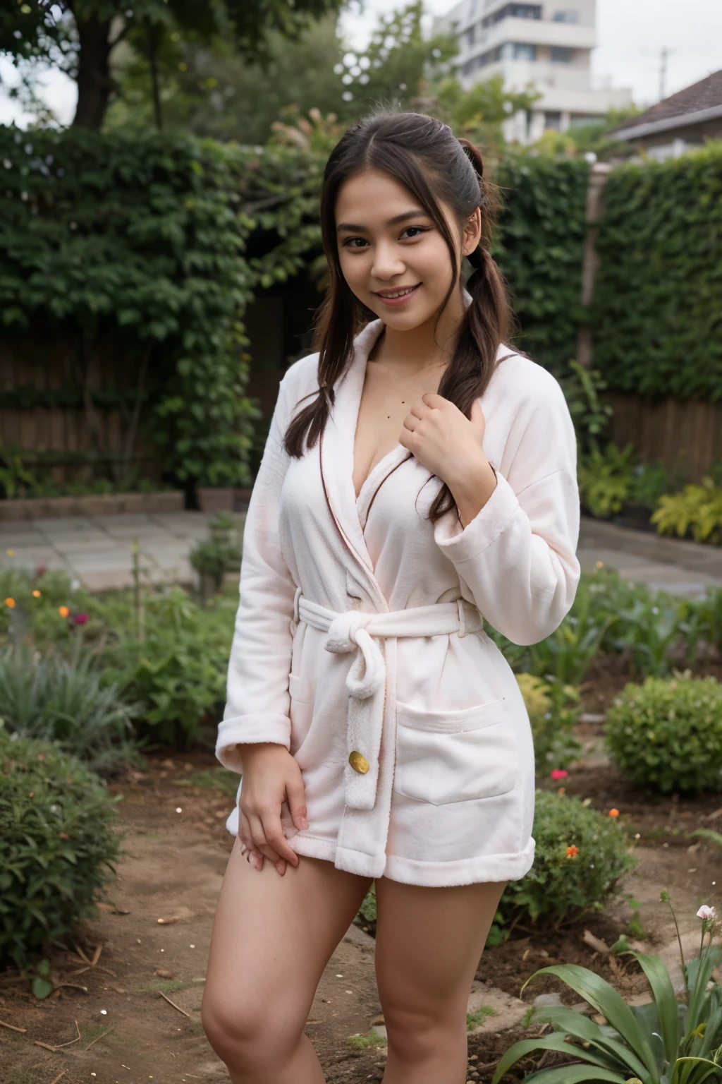 1girl malay, full body, big eyes, smooth skin, pretty face, adorable, pony tail, looking at the camera, happy smile, tight robe, squating, garden