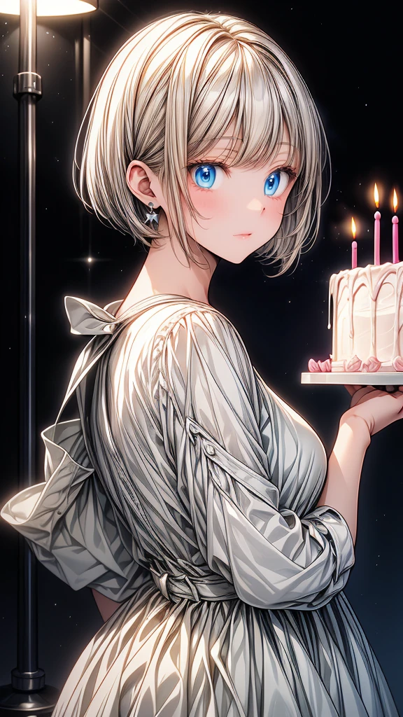 (masterpiece),1 girl with white bob cut hair and right bags side hair,blue eyes,open mouth,slightly blush,night room background,happy,hold a birthday cake.