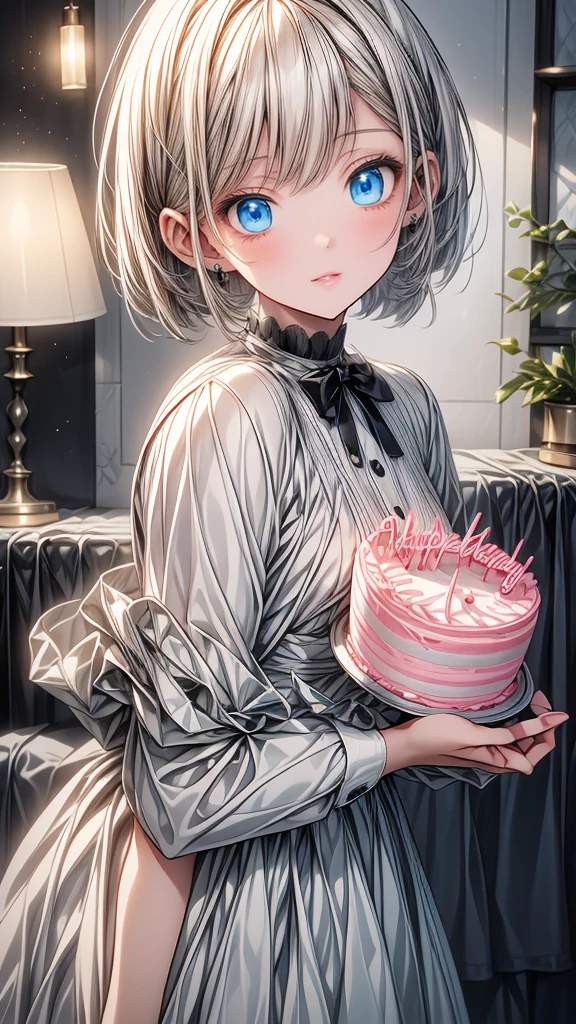 (masterpiece),1 girl with white bob cut hair and right bags side hair,blue eyes,open mouth,slightly blush,night room background,happy,hold a birthday cake.