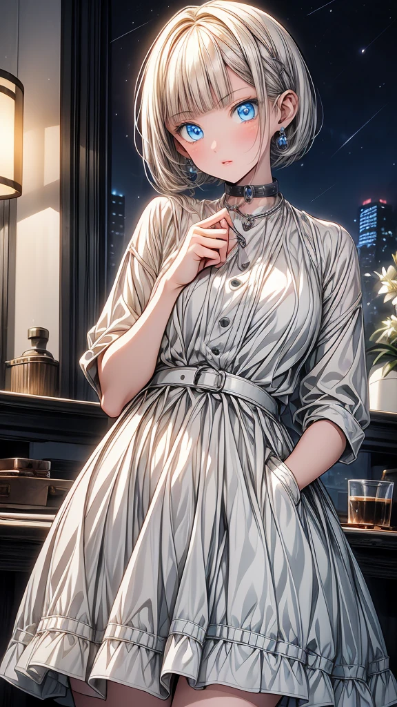(masterpiece),1 girl with white bob cut hair and right bags side hair,blue eyes,open mouth,slightly blush,night room background,happy,hold a birthday cake.