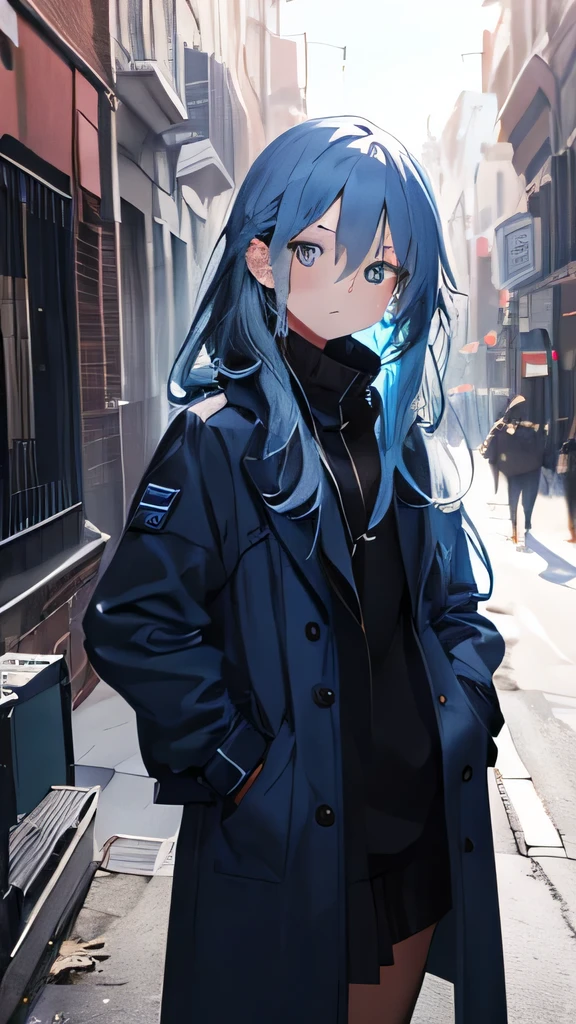 masterpiece,1 girl,alone,long hair,blue hair,long coat,street,look up, put one'Hand in hand'pocket of