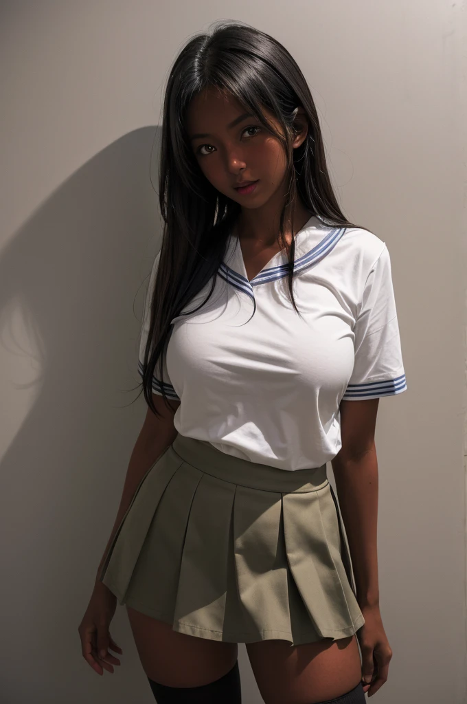 (8k ultra HD quality, best quality, art, high quality, perfect light, absurd, ultra detailed: 1.21, woman, alone, dark-skinned woman, black hair, dark skin, big breasts, sexy, Japanese school costume, portrait, black knee-high socks, sexy student, parted lips, dark eyes, looking at viewer, Japan street background, huge breasts, small sample, sexy, olive skin, dark skin, holding breasts, wallpaper, short skirt, high school girl sexy.