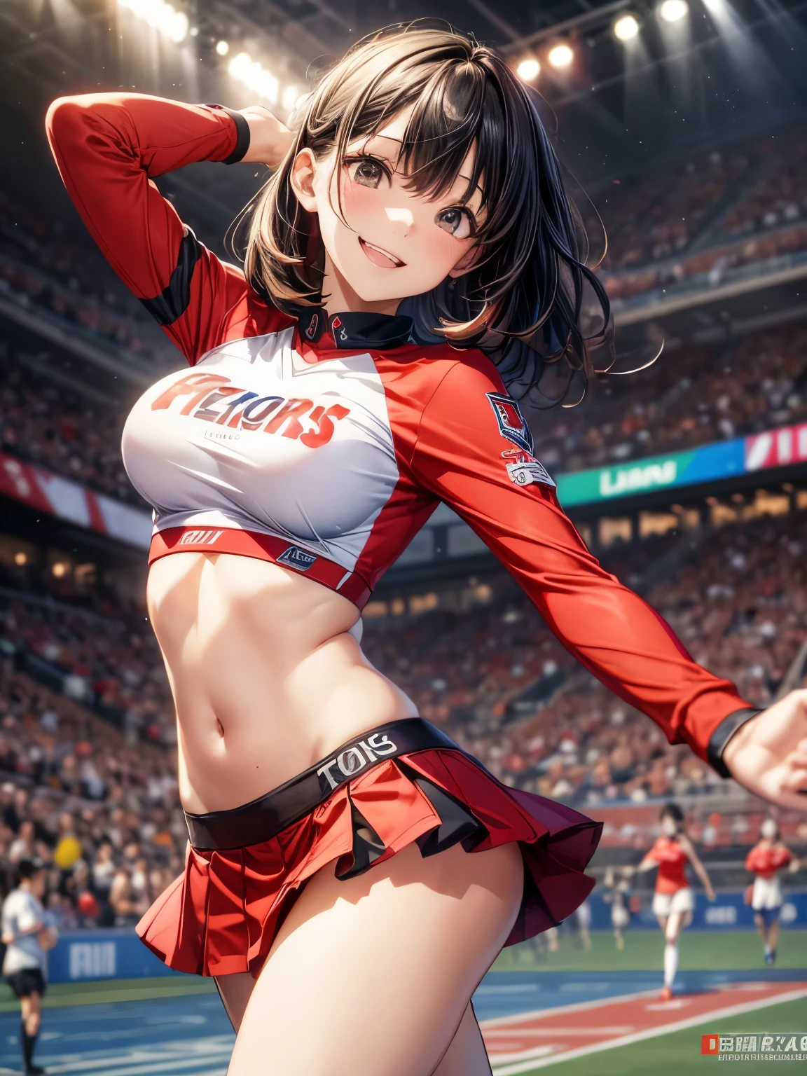 highest quality、complete limbs、full finger、black haired woman、medium hair woman、Beauty busty woman:1.3、big smile、cheerleader、((red tops with logo:1.3))、Exposing the belly、((Red miniskirt:1.3))、Red high-leg panties、baseball Ground、dancing on the ground、Audience seats