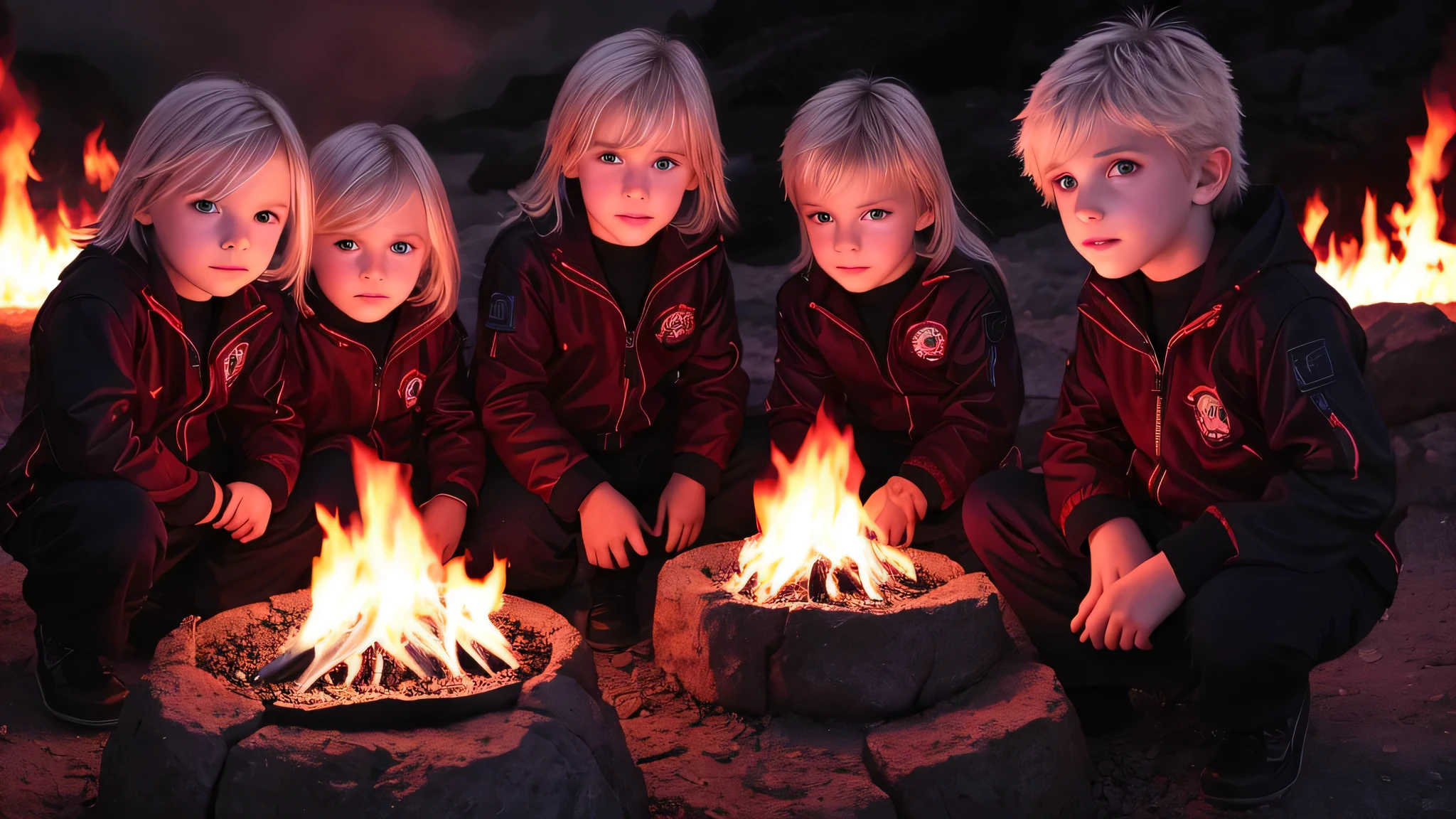 3 meninos loiros COM CABELO LISO, jaqueta de couro preta e roupa PORTRAIT , the flames are glowing in the dark with a GREEN fire reflection, chamas de fogo, chamas ao fundo, fogo e chamas, chamas ao fundo.