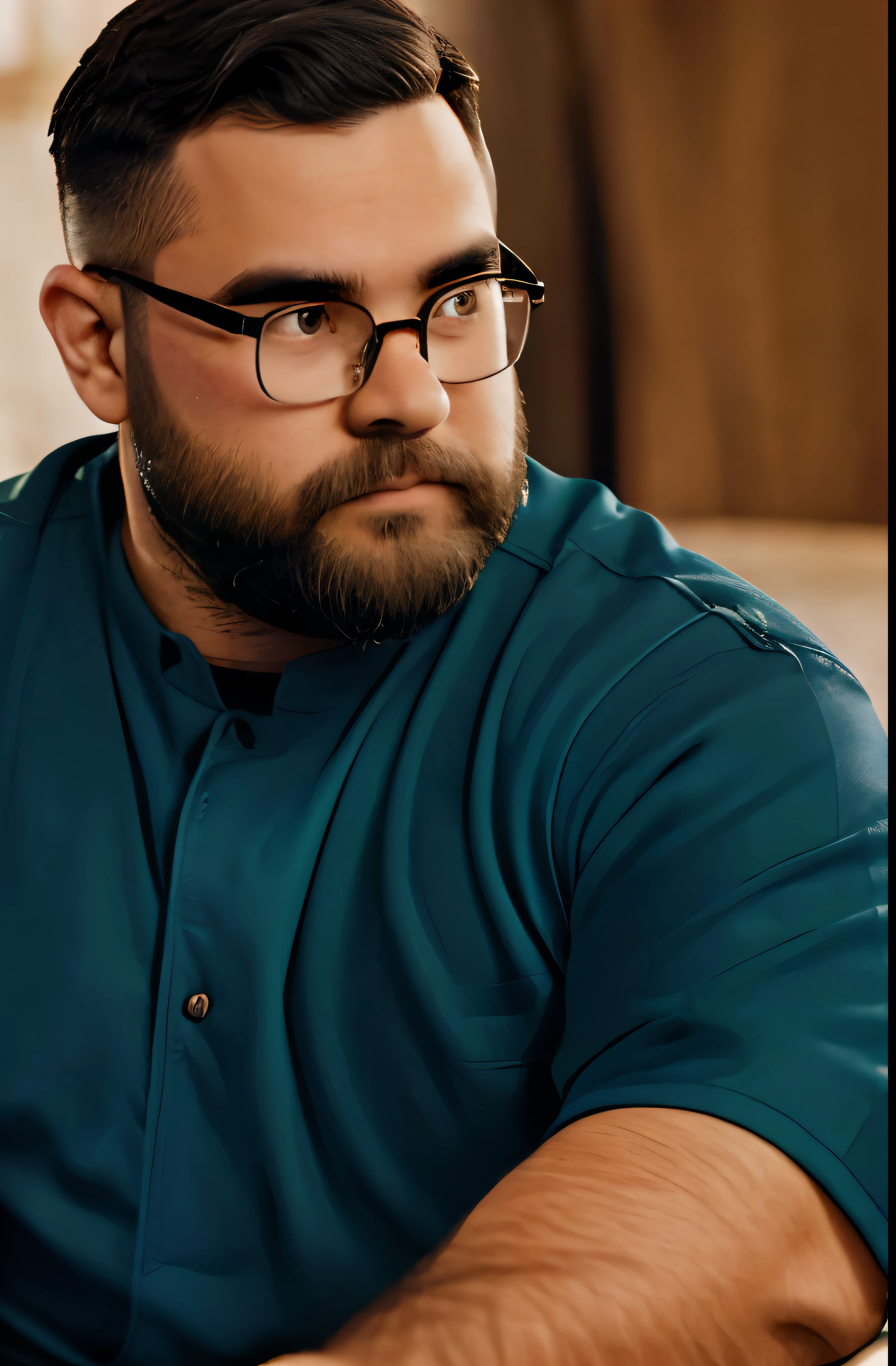 thick eyebrows，single eyelid，round face，Light-colored beard，male，round frame glasses，obesity，young