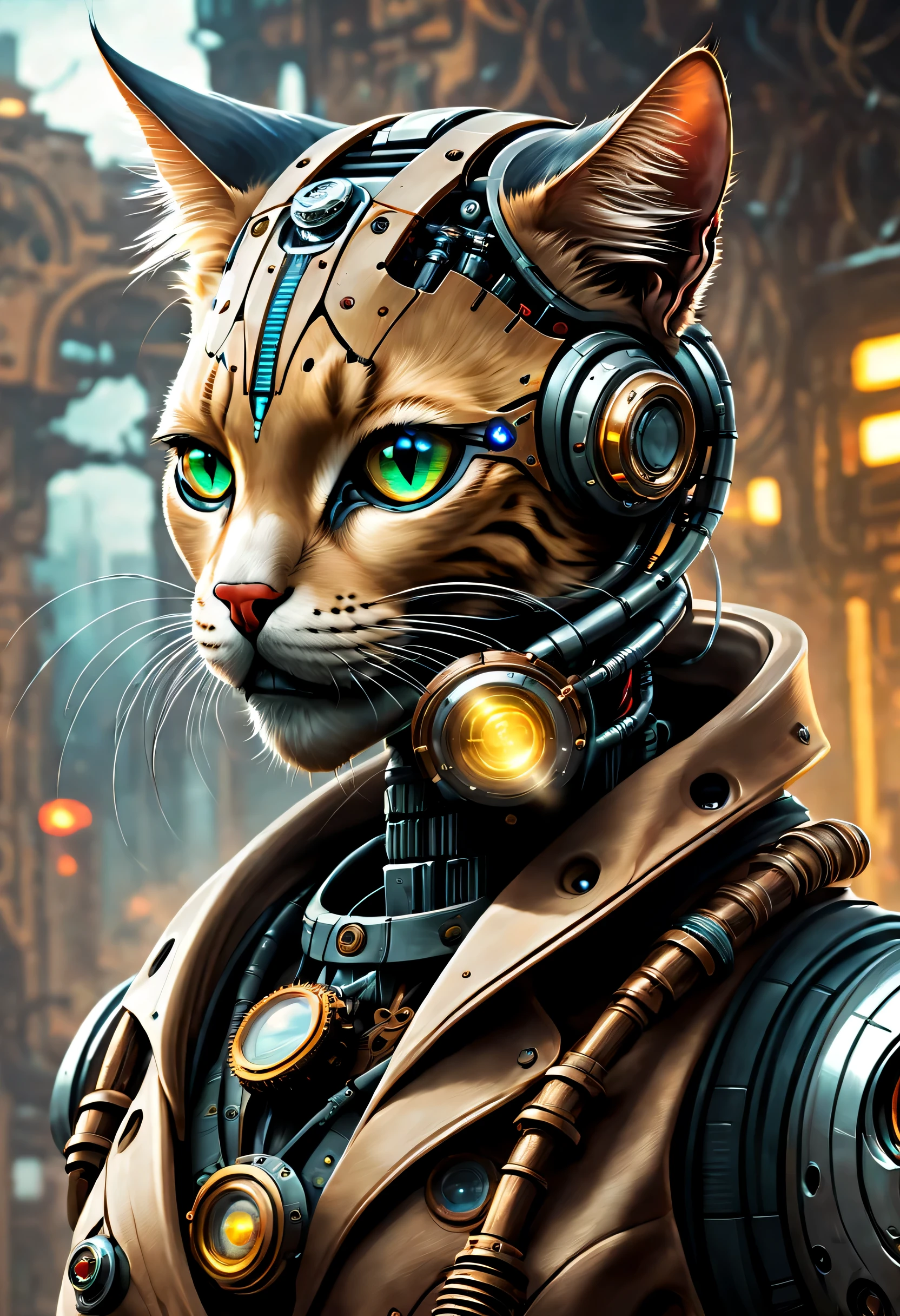 "(((Cybernetic feline))) adorned with steampunk elements, blending seamlessly into a cyberpunk environment, (mysterious) and (dystopian) ambiance, (masterpiece) of digital art