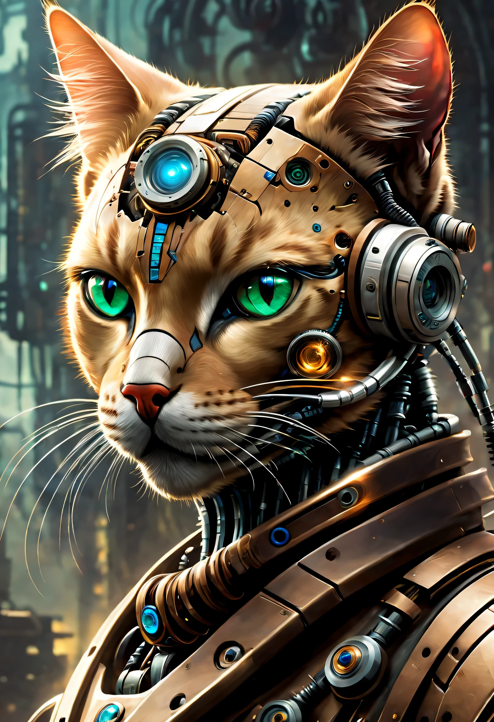 "(((Cybernetic feline))) adorned with steampunk elements, blending seamlessly into a cyberpunk environment, (mysterious) and (dystopian) ambiance, (masterpiece) of digital art