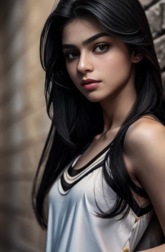 (masterpiece, sharp: 1),(1girl, solo:1.1), highly detailed face, beautiful face, (realistic face), beautiful hairstyle, perfecteye, amber eyes, (realistic skin), beautiful skin, ultra high res, ultra realistic, (pureerosface_v1:0.2), (dark Persian teen:1.4), (age 14-16, pretty girl:1.5), small nose, very slim, slender chest, slim thighs, slim legs, small hip, little head, cute face, wearing black rope, (dark hair, long hair), (ally way:1.2), (looking away:0.3), hands behind head, (from side:0.8), walking