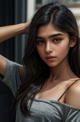 (masterpiece, sharp: 1),(1girl, solo:1.1), highly detailed face, beautiful face, (realistic face), beautiful hairstyle, perfecteye, amber eyes, (realistic skin), beautiful skin, ultra high res, ultra realistic, (pureerosface_v1:0.2), (dark Persian teen:1.4), (age 14-16, pretty girl:1.5), small nose, very slim, slender chest, slim thighs, slim legs, small hip, little head, cute face, wearing black rope, (dark hair, long hair), (ally way:1.2), (looking away:0.3), hands behind head, (from side:0.8), walking