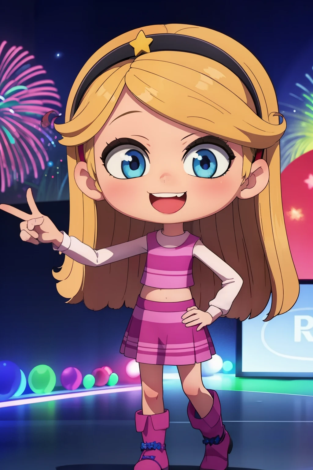 ((masterpiece, best quality)),1girl, solo,child, yellow princess tiara, penny peterson, blonde hair, hairband, blue eyes, pink sleeveless crop top, purple pleated skirt, red boots, white trimmings, a cute smile, laughing, kawaii, peace sign, vibrant, rainbows, 4k, blue bubbles, stars, fireworks, best shadows, watercolor,