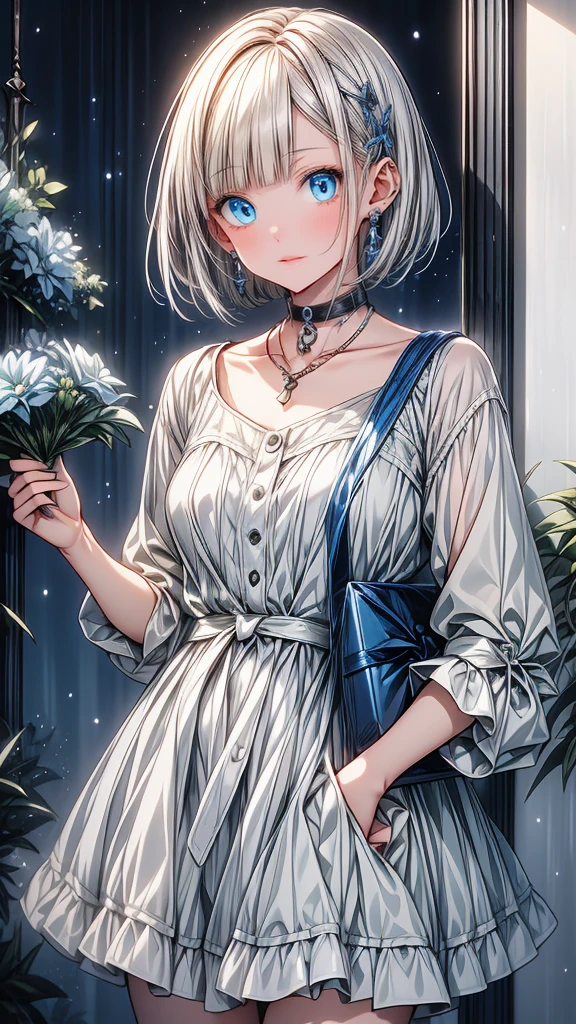 (masterpiece),1 girl with white bob cut hair and right bags side hair,blue eyes,open mouth,slightly blush,night room background,happy,hold a blue gift box.