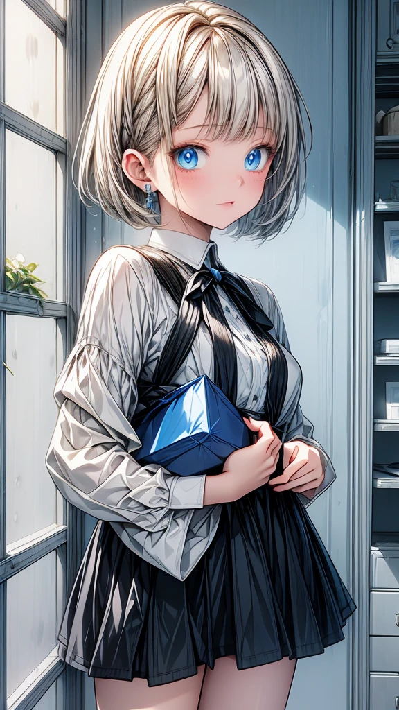 (masterpiece),1 girl with white bob cut hair and right bags side hair,blue eyes,open mouth,slightly blush,night room background,happy,hold a blue gift box.