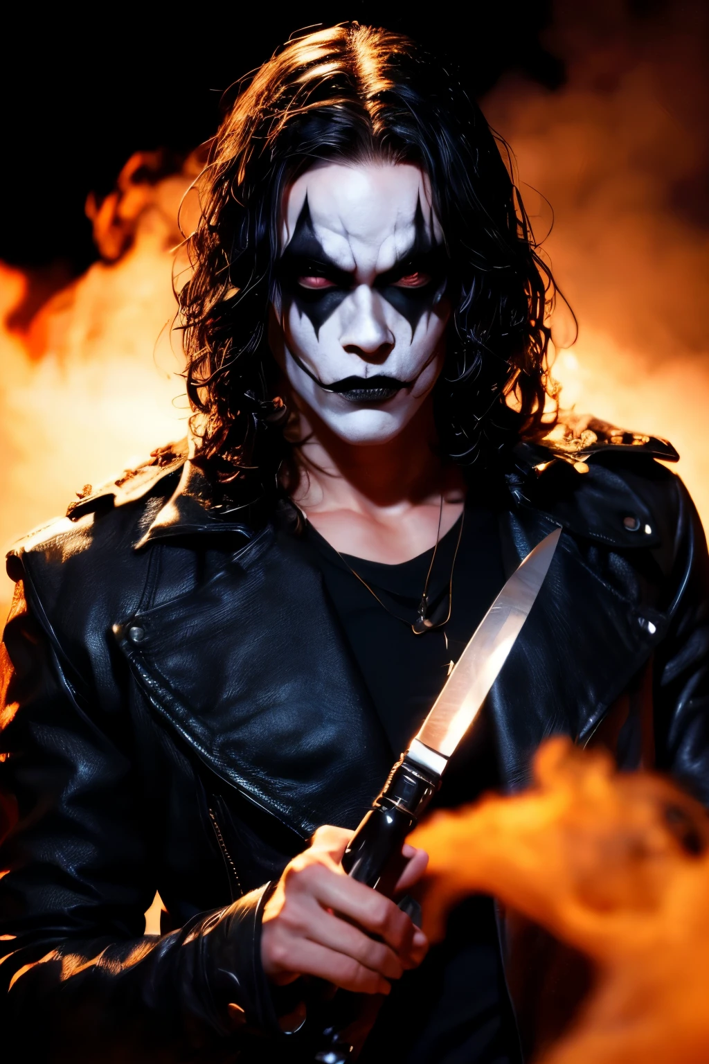 T-shirt Design, ((black background)). "The Crow". The character is in the middle of a dark street, with a bright green light shining on him. (( The Crow V.IT Face, White face with black makeup )), The background is black with smoke. Wearing a The Crow Costume. The character is wearing a black overcoat, jeans, and black boots. He has long black hair and wears black makeup, makeup with just one line on each eye. He is holding a knife in his right hand. DETAILED FACE, intricaten. Realism: The generated art should be realistic and highly detailed. Lighting: The lighting should be cinematic, with a bright green light shining on the character. Background: The background should be black with smoke. Cinematic lighting. 