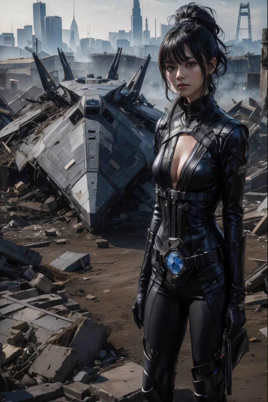  Please create the picture below。A beautiful black-haired woman、He is standing with a tense expression on his face.。She wears a metallic black battle uniform.、Around her waist, she wears a belt with a blue round gemstone embedded in it.。There is a small black spaceship in the background of the woman.。The spaceship is triangular in shape.、Made of very hard metal。A woman is standing、An urban area turned into a pile of rubble