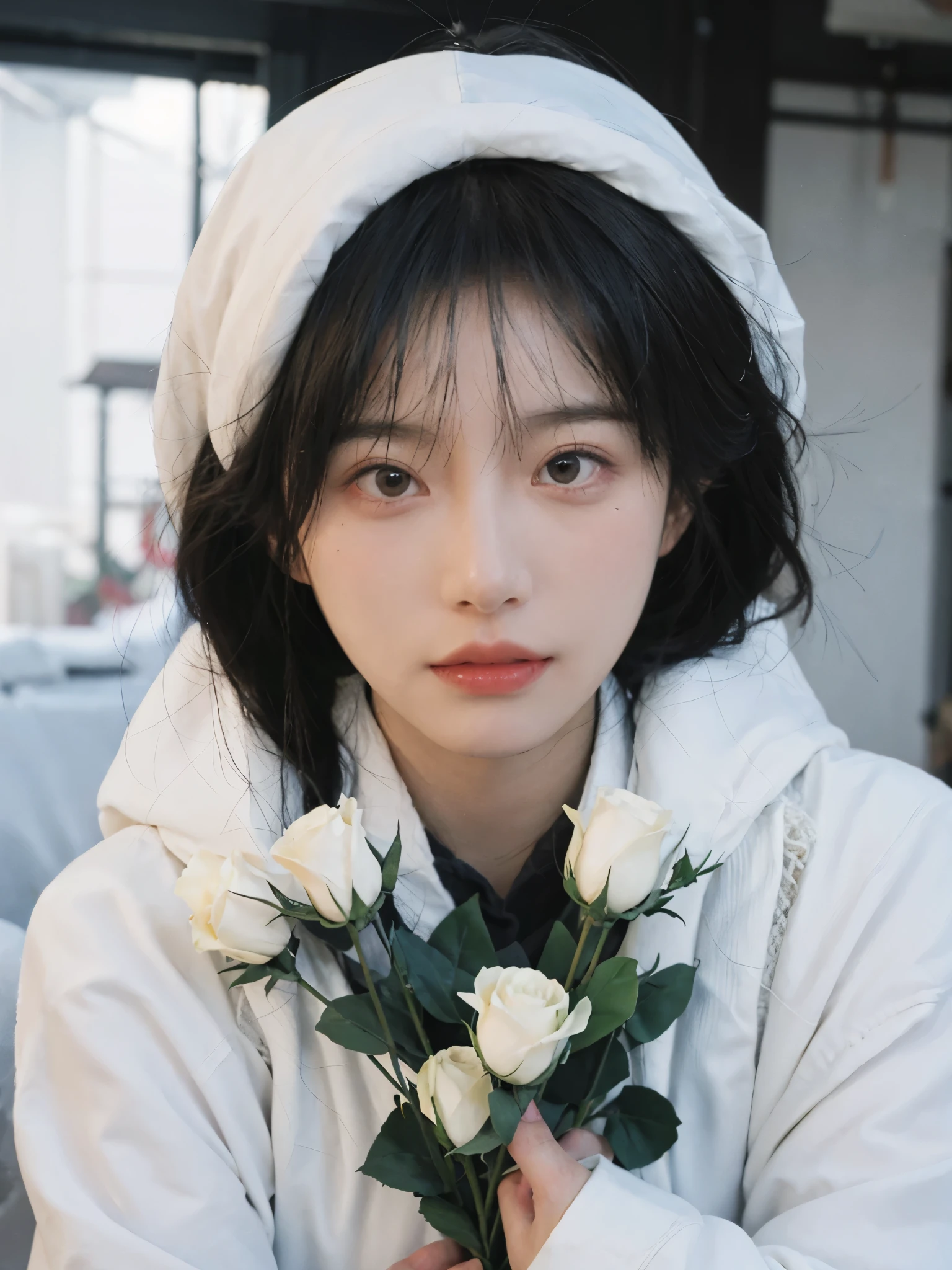 best quality， ultra high resolution， White background，（realistically：1.4）， 2 girls， white leather clothes，twin? rain of roses，A pair of eyes as clear as snow,Royal sister，looking at the audience， close up ，