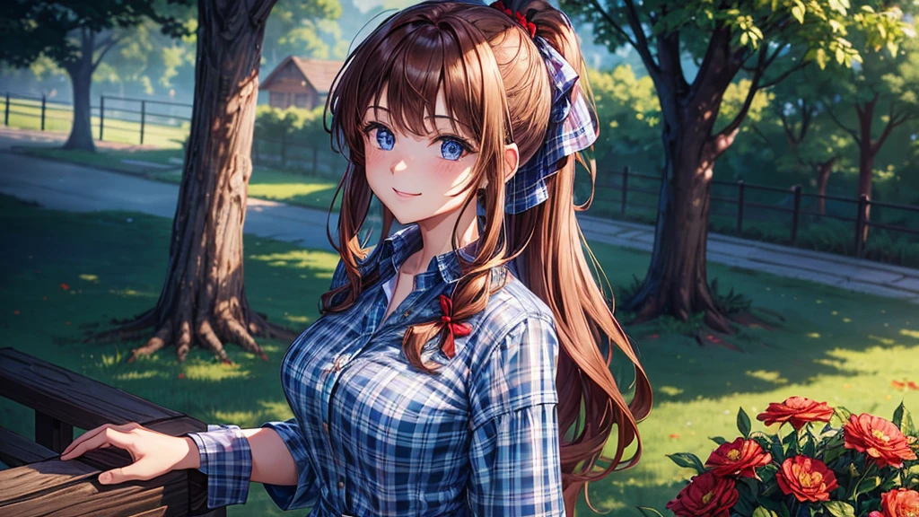 1girl, solo, village, trees, flowers, brown hair, long hair, curly hair, ponytail, blue eyes, large breasts, button down shirt, ((blue checked shirt)), ((unbuttoned shirt)), ((short sleeved shirt)), red black skirt, smile, looking at the viewer, ((standng)), hair ribbon