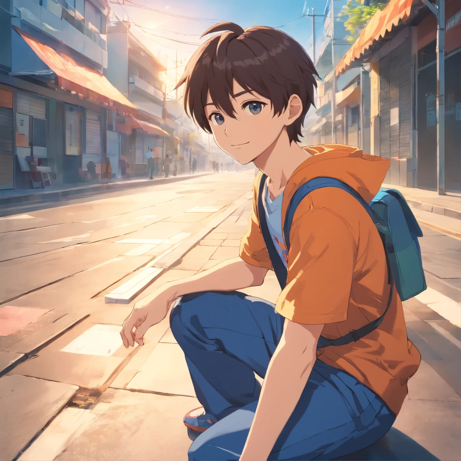 Shot in daytime、no background、male,incarnation anime style,Unique exaggerated facial features and clothing,sitting、whole body,sunshine,Natural light、High contrast color,4K HD quality,young,smile,good looking
