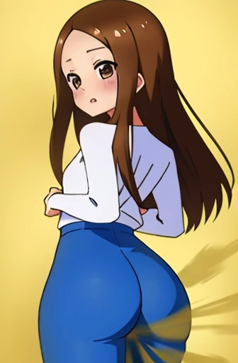 (real)、(photorealistic)、Ms. Takagi、1 woman、Height: 155cm、long hair、brown hair、bangs parting、brown eyes、amount、muste piece、whole body、highest quality、volume light、Highly detailed CG Unity 8K wallpaper、The background is a dance studio、Light、Fantasia、Magic Spark、women stink、fart、shyness、blush、Gas comes out of the butt、Tense the face、sweaty、whole body写真、high school student、Hip Attack、Completely naked