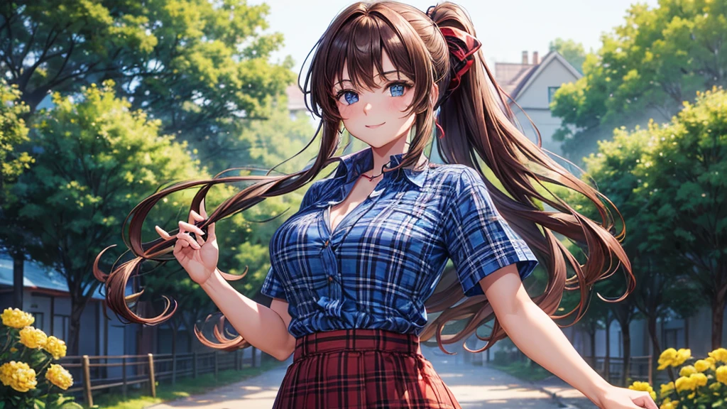 1girl, solo, village, trees, flowers, brown hair, long hair, curly hair, ponytail, blue eyes, large breasts, button down shirt, ((blue checked shirt)), ((unbuttoned shirt)), ((short sleeved shirt)), red black skirt, smile, looking at the viewer, ((standng)), hair ribbon