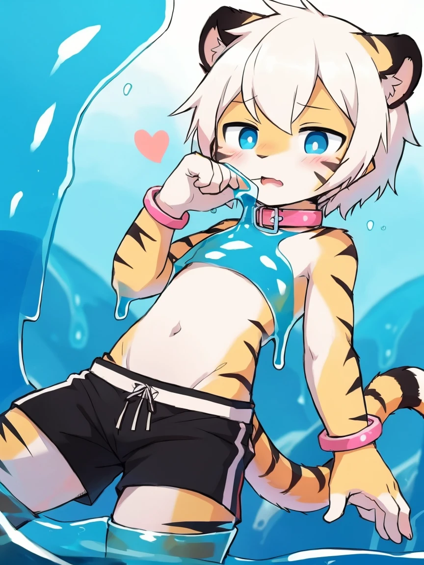 (4K,8k,best quality,meticulous details,Delicate light,Delicate short hair)Tiger cubs,white hair,Mucus drips down,史莱姆将Tiger cubs绑在史莱姆上,black shorts,A big blue striped tail,Little fresh,Dive into the slime,Enter Slime, Shota,Pink bracelet,Pink collar