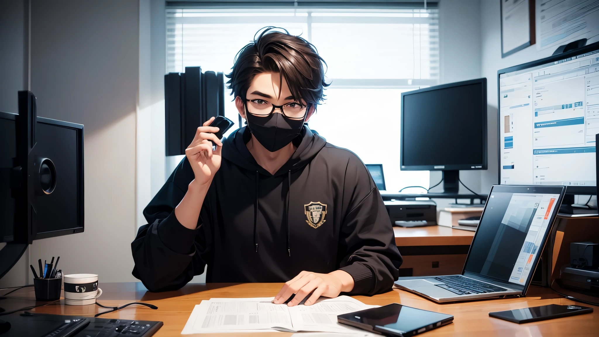 Anime friendly looking male ,facing the viewer, business character is wearing a face mask, hoodie and sunglasses. He is sitting behind his laptop in his studio, arms on his desk. It is night. The room is minimalistic. facing the camera , looking straight to the camera , and centered,