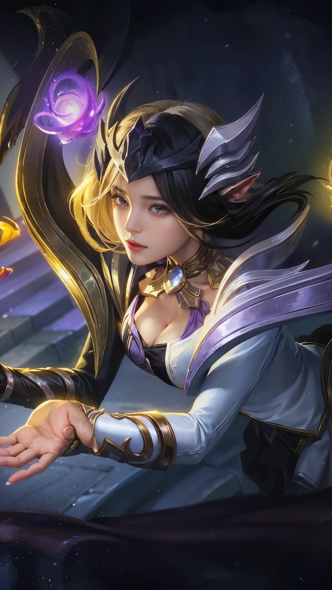 a close up of a woman with a purple and black costume, shadowbringers cinematic, 4 k detail fantasy, a beautiful fantasy empress, game cg, xianxia fantasy, xianxia hero, 2. 5 d cgi anime fantasy artwork, cinematic goddess close shot, ruan jia and artgerm, wow 4 k detail fantasy, hyperdetailed fantasy character