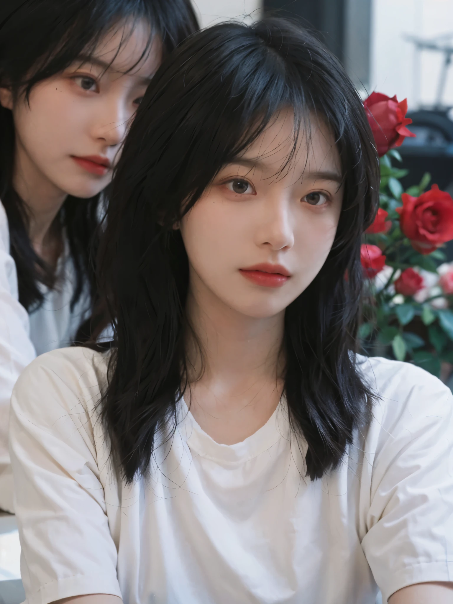 best quality, ultra high resolution, White background,(realistically:1.4), 2 girls, White short sleeves,twin? rain of roses,A pair of eyes as clear as snow,Royal sister,looking at the audience, close up ,
