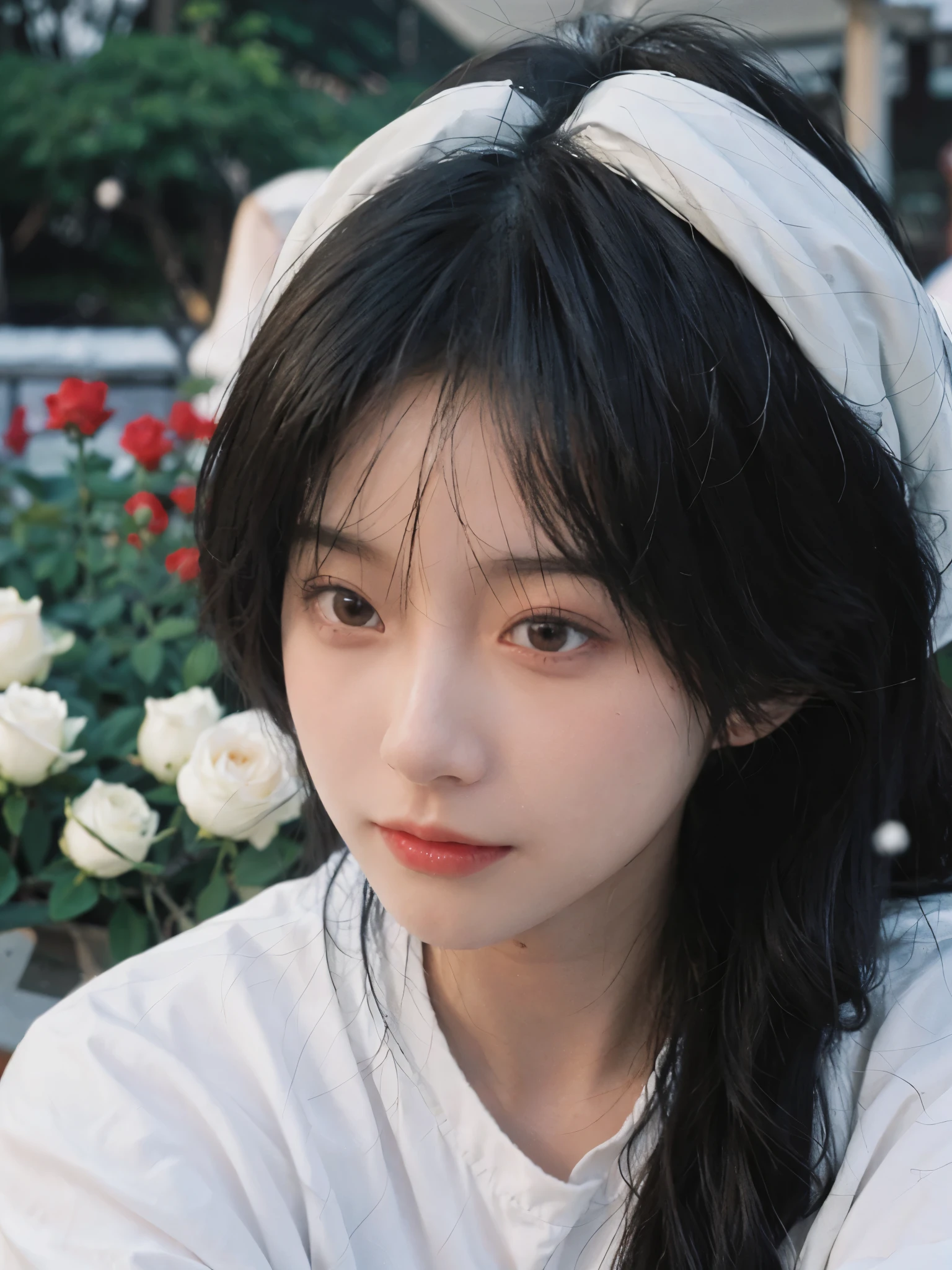 best quality， ultra high resolution， White background，（realistically：1.4）， 2 girls， White short sleeves，twin? rain of roses，A pair of eyes as clear as snow,Royal sister，looking at the audience， close up ，