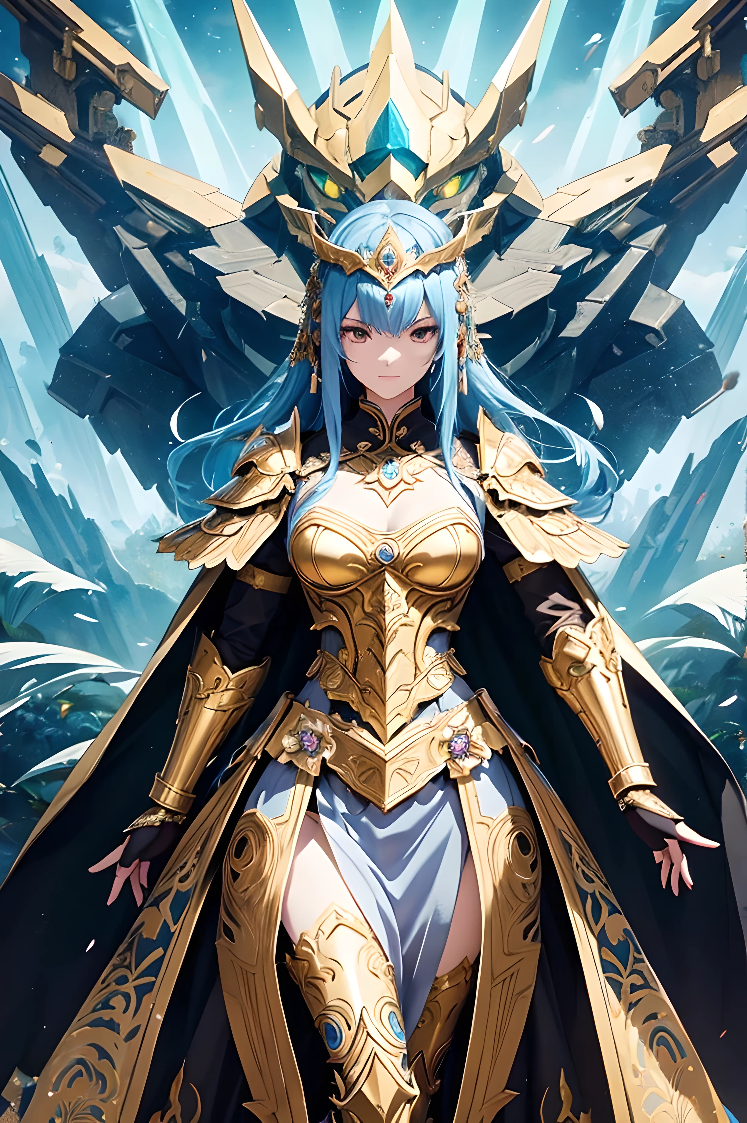 Empress puppet, fine armor, intricate design, creative details, silk, cinematic lighting, 4k, floating hair, sharp, prism, shining knight, royal, face mask , full body frame, grassland background, happy, wuxia, berserker pose, mecha style